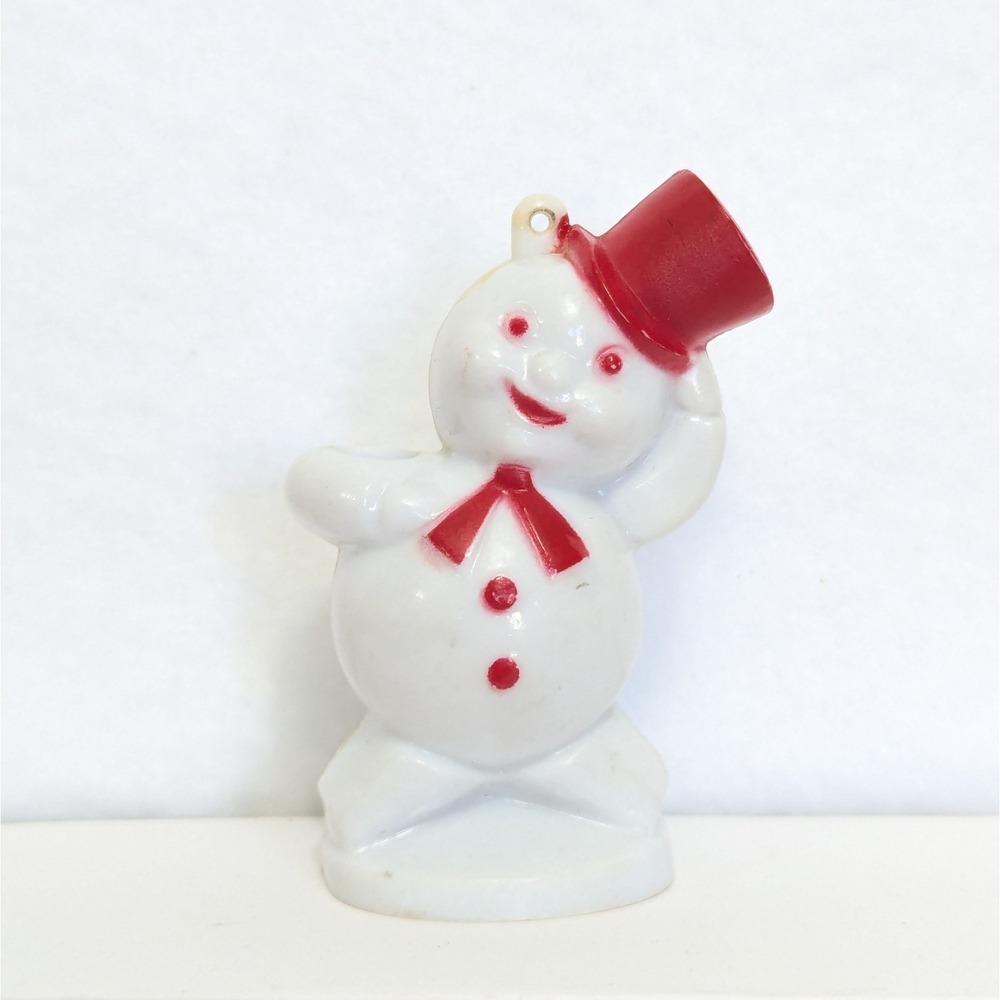 Vintage Rosbro Hard Plastic Snowman 3" Ornament Red Hat Christmas Candy Holder